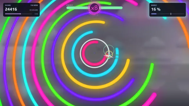 Future bass among rainbow prisms, a dense spiral of glowing rings
