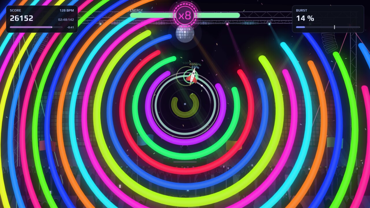 PERIHELIA screenshot: Festival lasers and glowing neon rings at an x8 multiplier