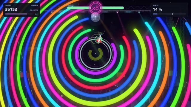 Festival lasers and glowing neon rings at an x8 multiplier