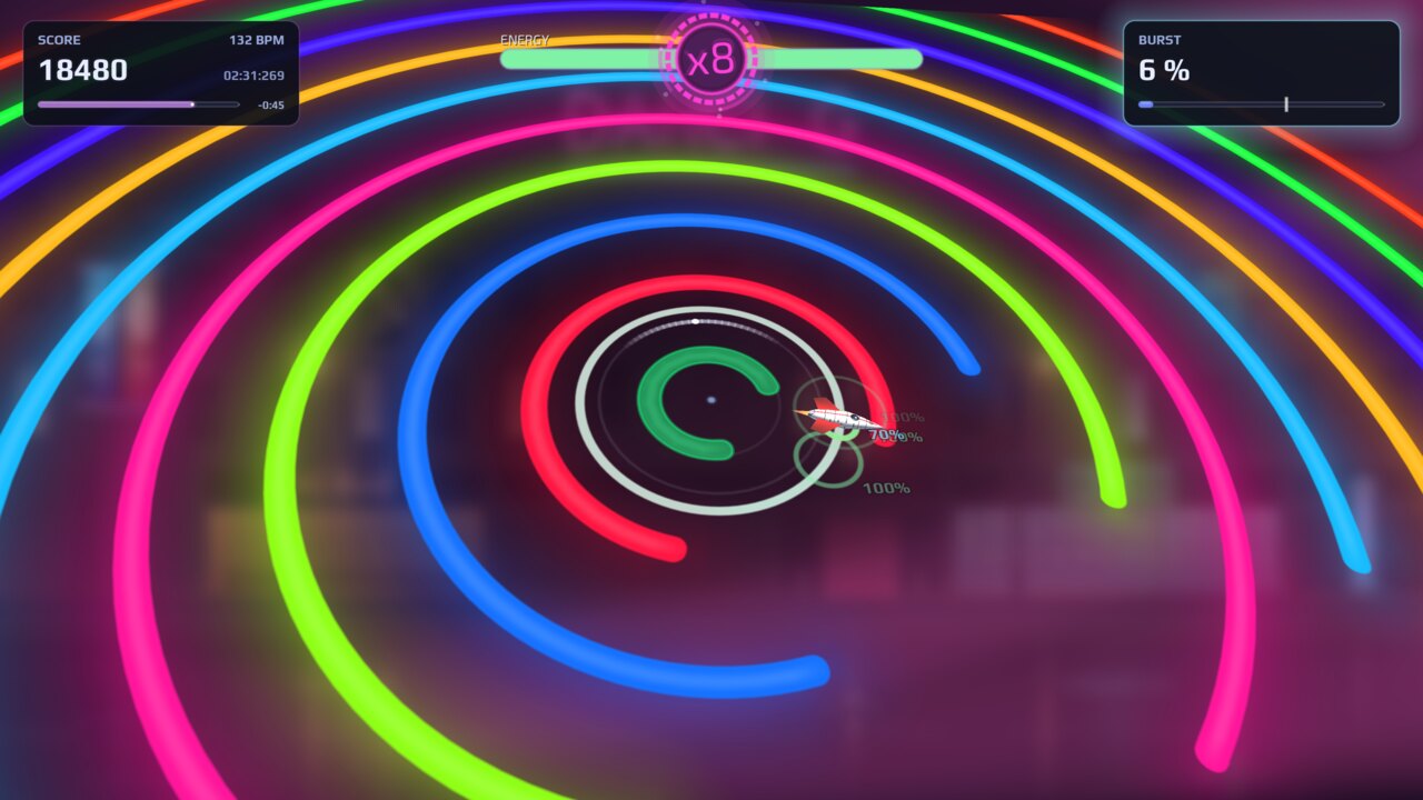 PERIHELIA screenshot: Neon signs and rings pulsing to a UK 2-step beat