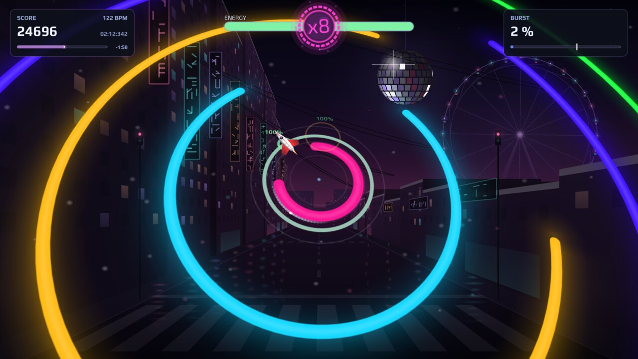 PERIHELIA screenshot: Nu-disco night in a neon Tokyo street