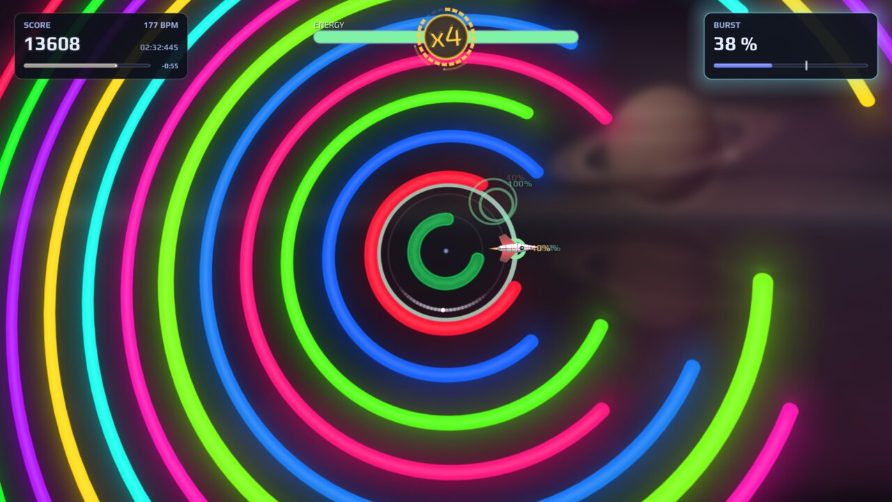 PERIHELIA screenshot: Liquid drum & bass in the rain, a tight spiral of rings