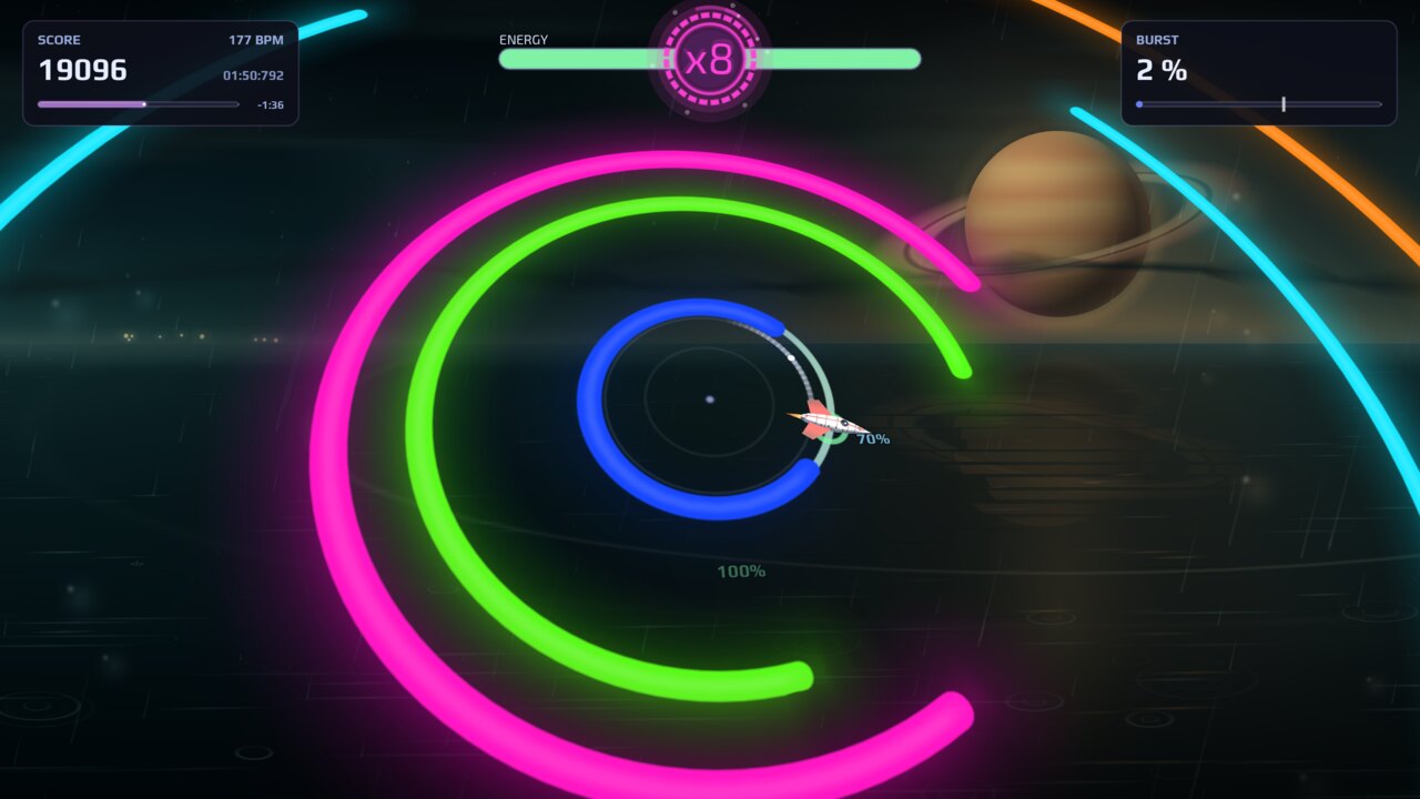 PERIHELIA screenshot: A ringed planet above the rain, the orbit tilted