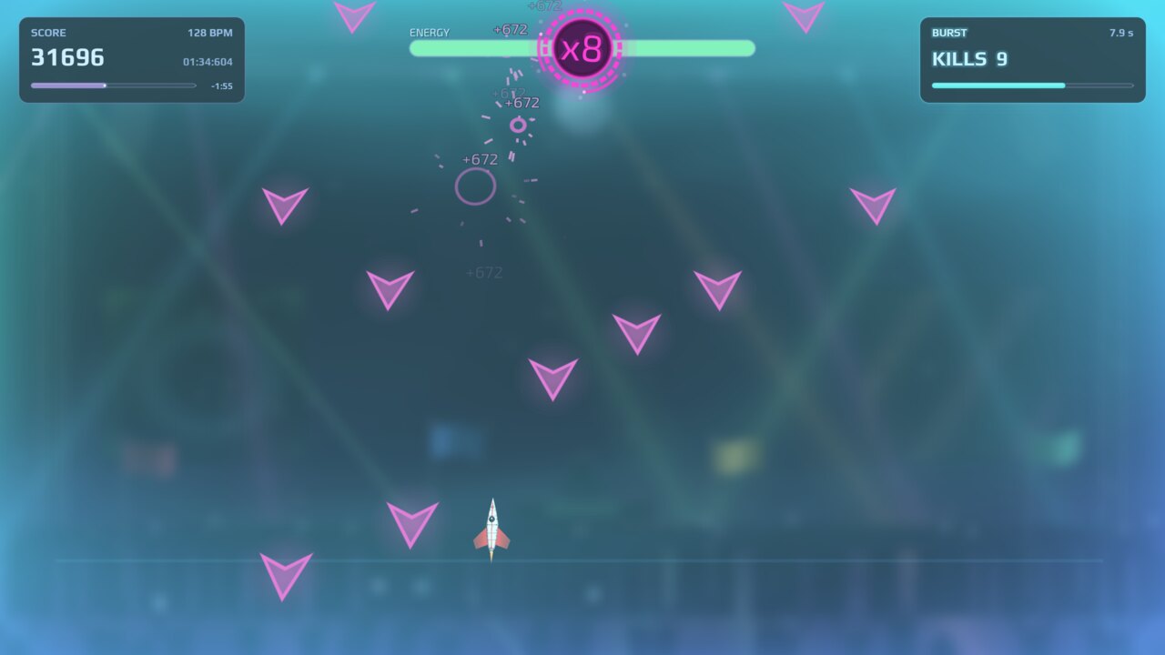 BURST mode: the rocket fires at waves of neon enemies