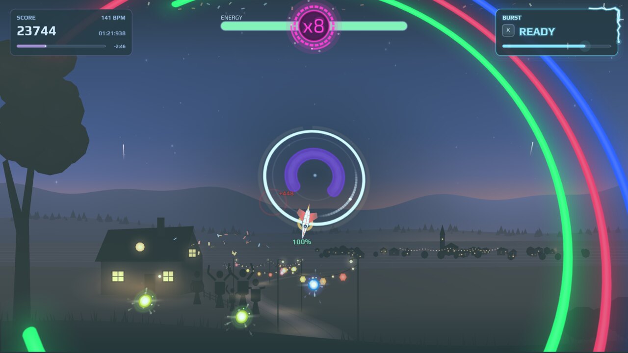 PERIHELIA screenshot: Fireworks over a village at night, BURST ready